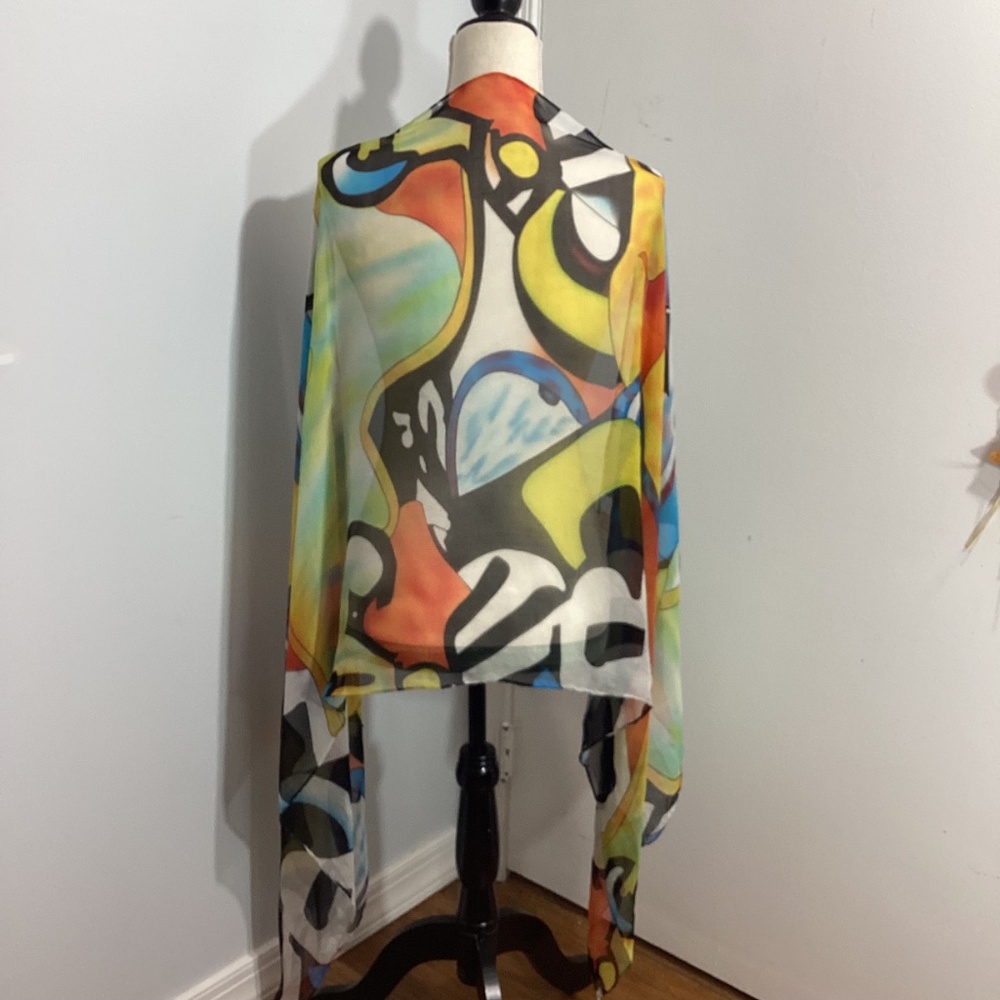 VINTAGE WOMAN ART DECO 100% SILK SCARF CHIFFON WEIGHTLESS WRAP 150"x35" - Picture 4 of 8